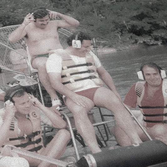 Escobar on an Airboat at Peñol-Guatapé Reservoir, 1985